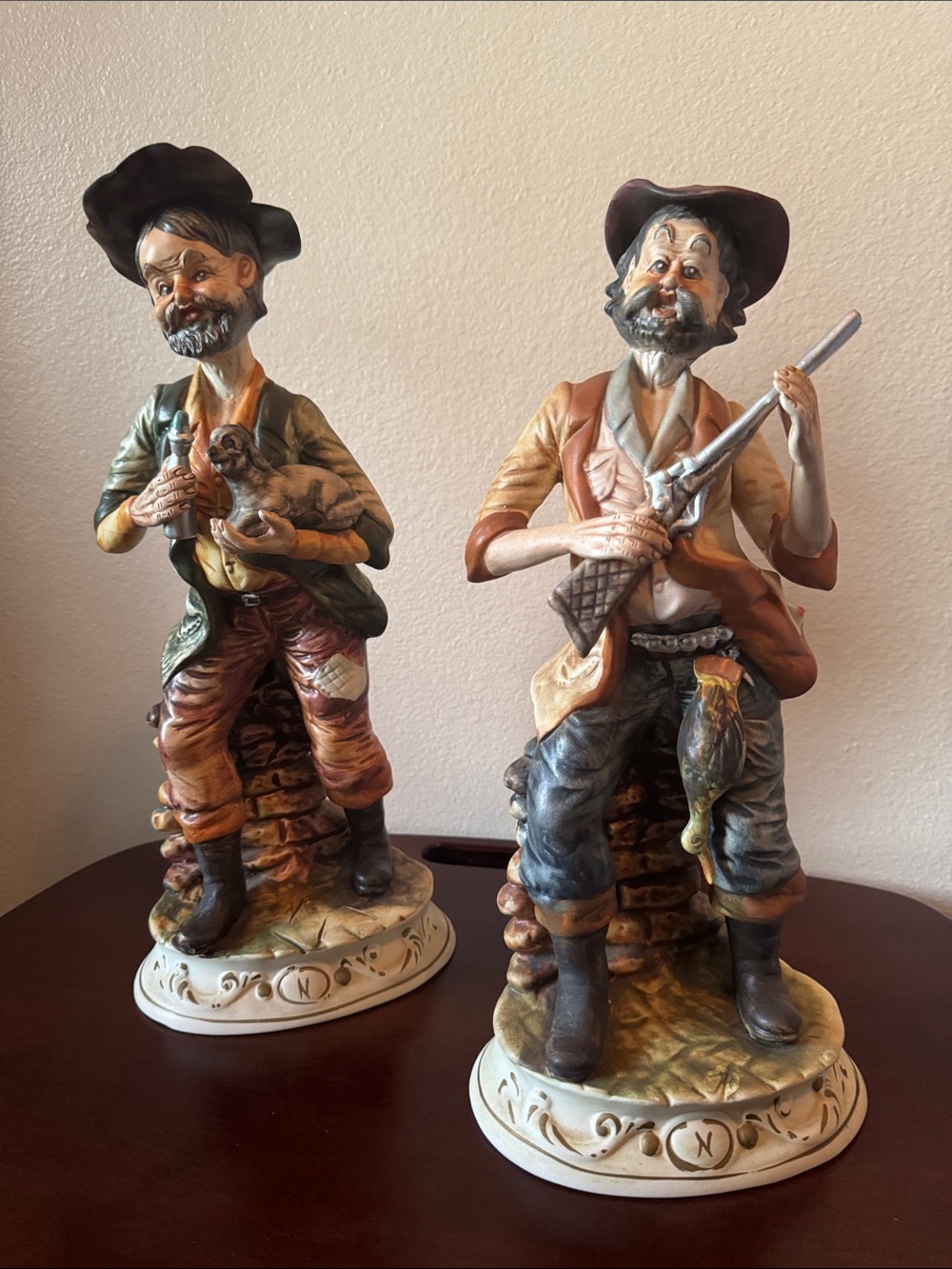 Vintage Campodimonte Rustic Pair of Hand-Painted Hunting Figurines - Multi-Color